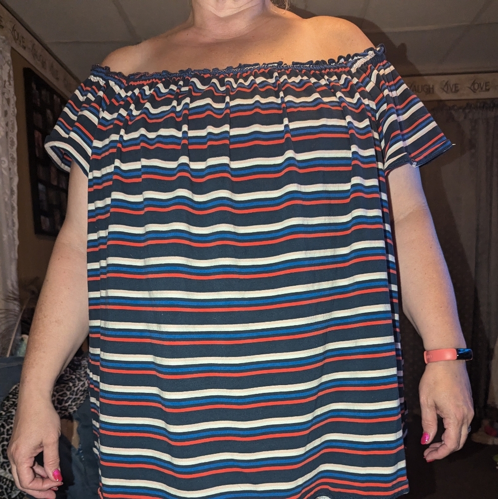 LANE BRYANT Striped Short Capped Sleeves Ruffled Edge Smocked Top 26/28